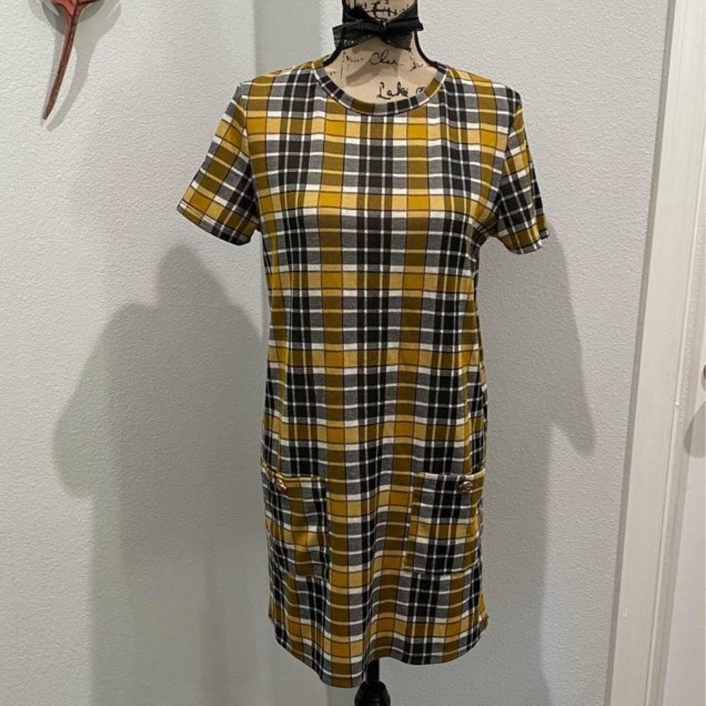 Zara Black/Gold Plaid Mini Dress - S